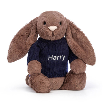 Bashful Fudge Bunny with Personalised Navy Jumper