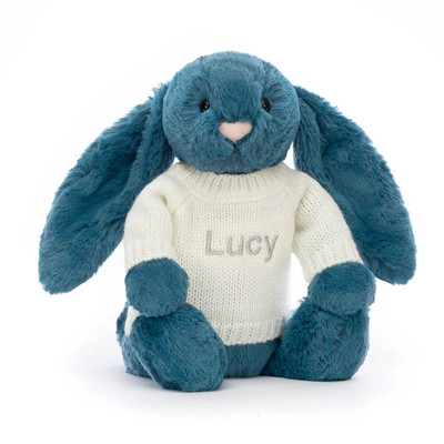 Bashful Mineral Blue Bunny with Personalised Cream Jumper