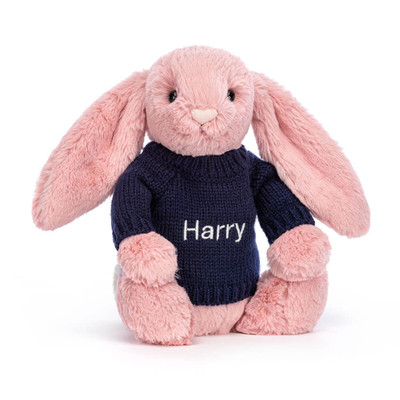 Bashful Petal Bunny with Personalised Navy Jumper