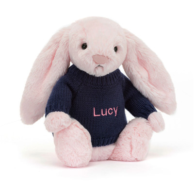 Bashful Pink Bunny with Personalised Navy Jumper