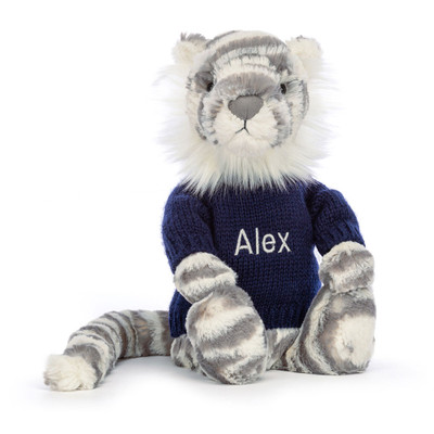 Bashful Snow Tiger with Personalised Navy Jumper