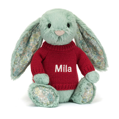 Blossom Sage Bunny with Personalised Red Jumper
